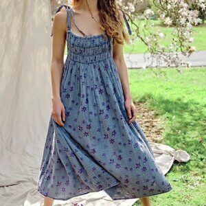 Free People Tie Shoulder Azure Shirred Maxi Sundress In Lilac Temp Size XL